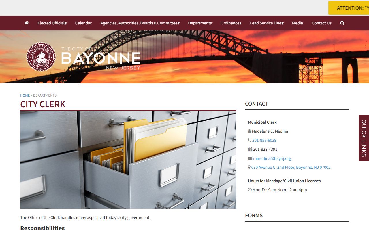 Bayonne City Clerk office page for OPRA and people search records