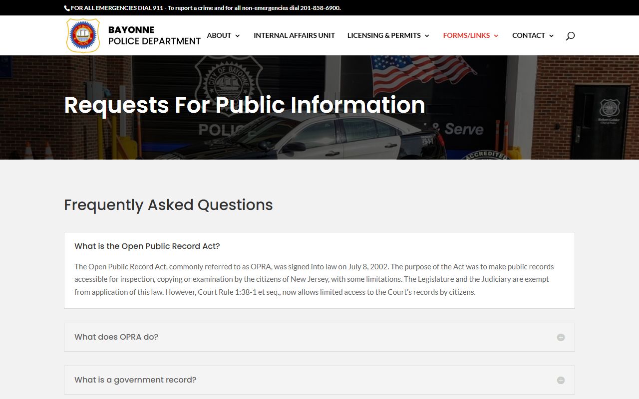 Bayonne Police Department OPRA request page for people search records
