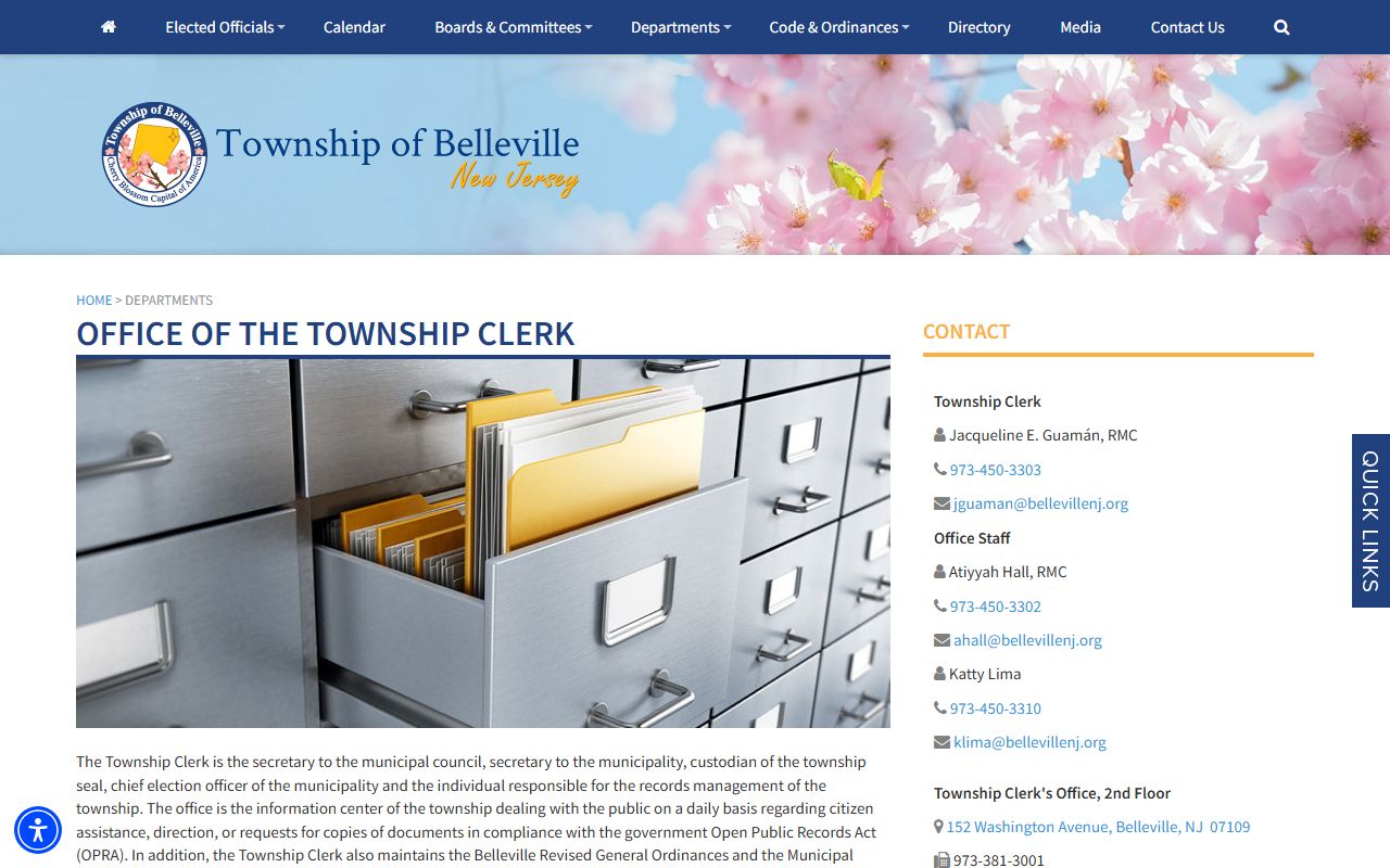 Belleville Township Clerk office page for OPRA and people search records