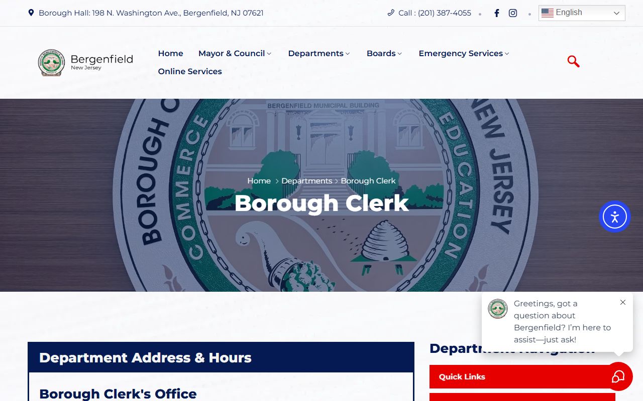 Bergenfield Borough Clerk office page for OPRA and people search records