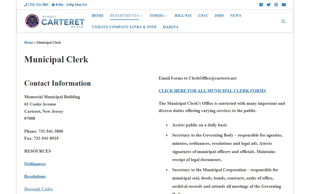 Carteret Municipal Clerk office page for OPRA and people search records