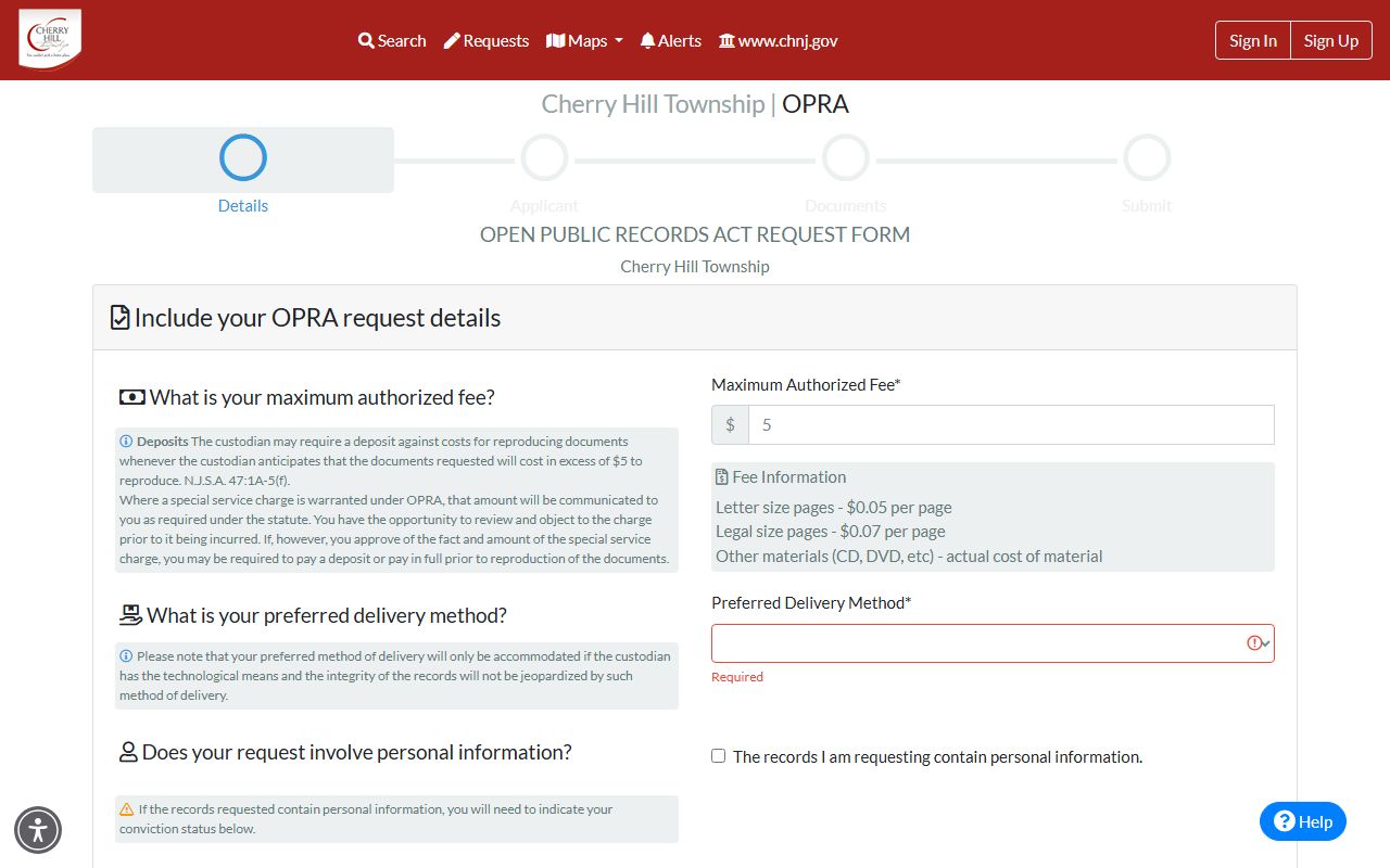 Cherry Hill Township SDL OPRA portal for people search records