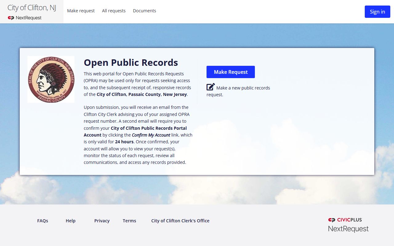 Clifton City Clerk NextRequest OPRA portal for people search records