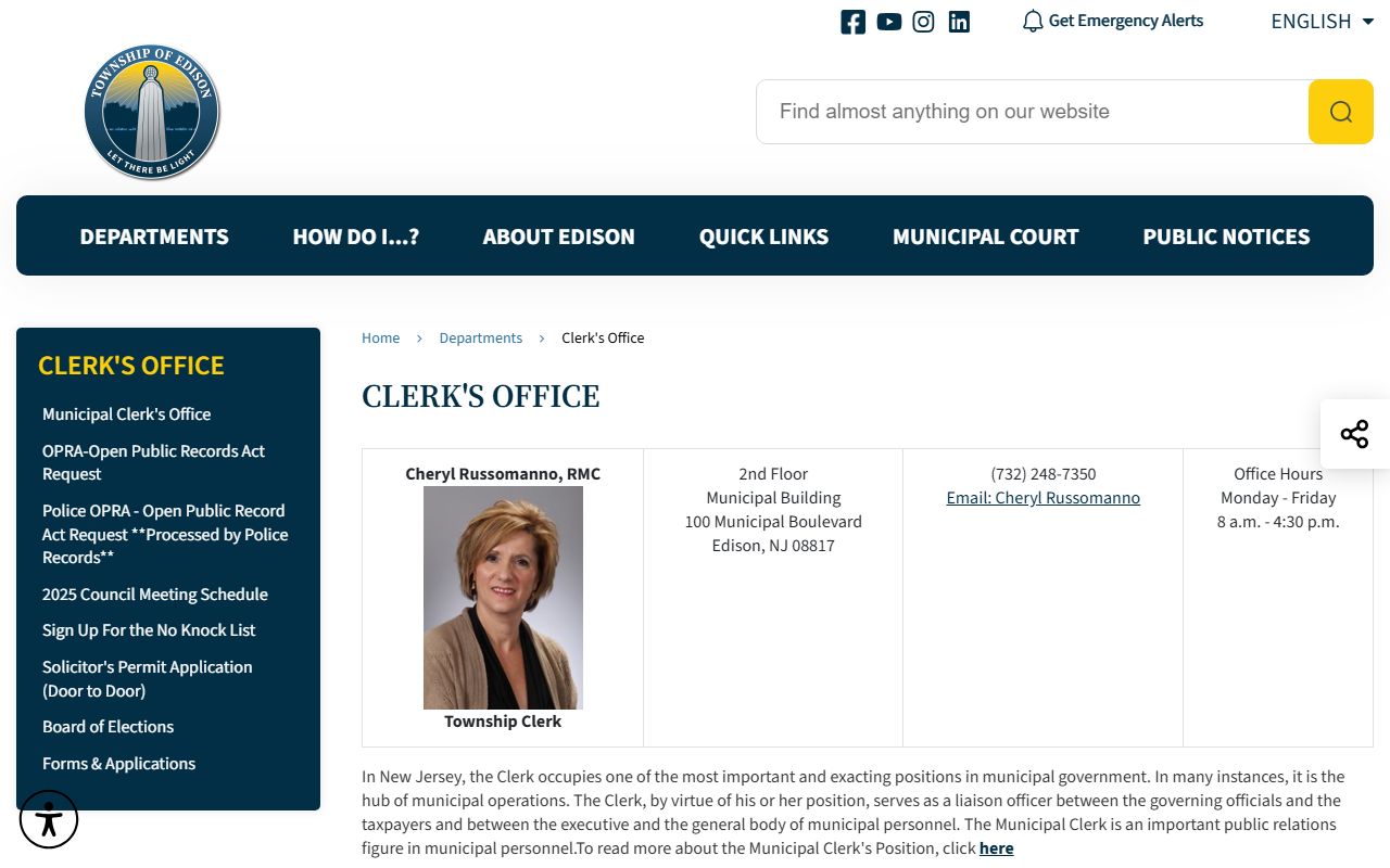 Edison Township Clerk OPRA page for people search records