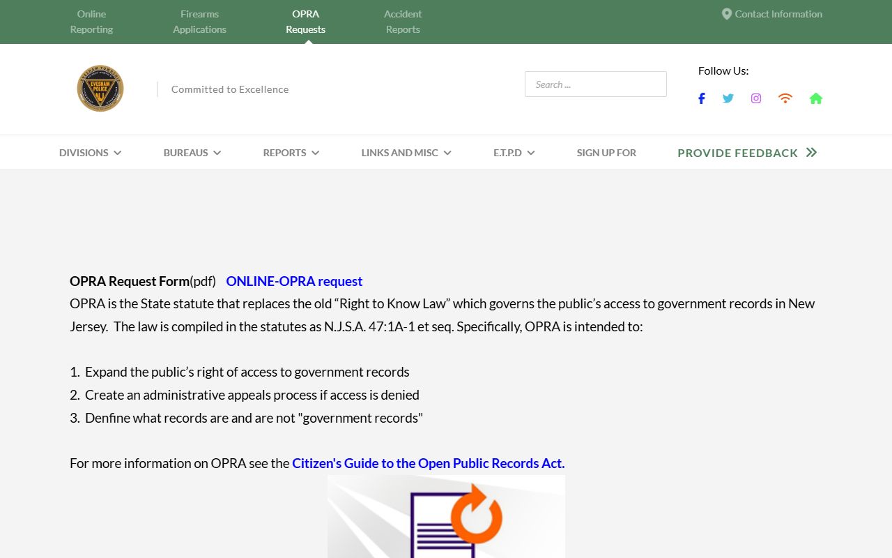 Evesham Police Department OPRA request page for people search records