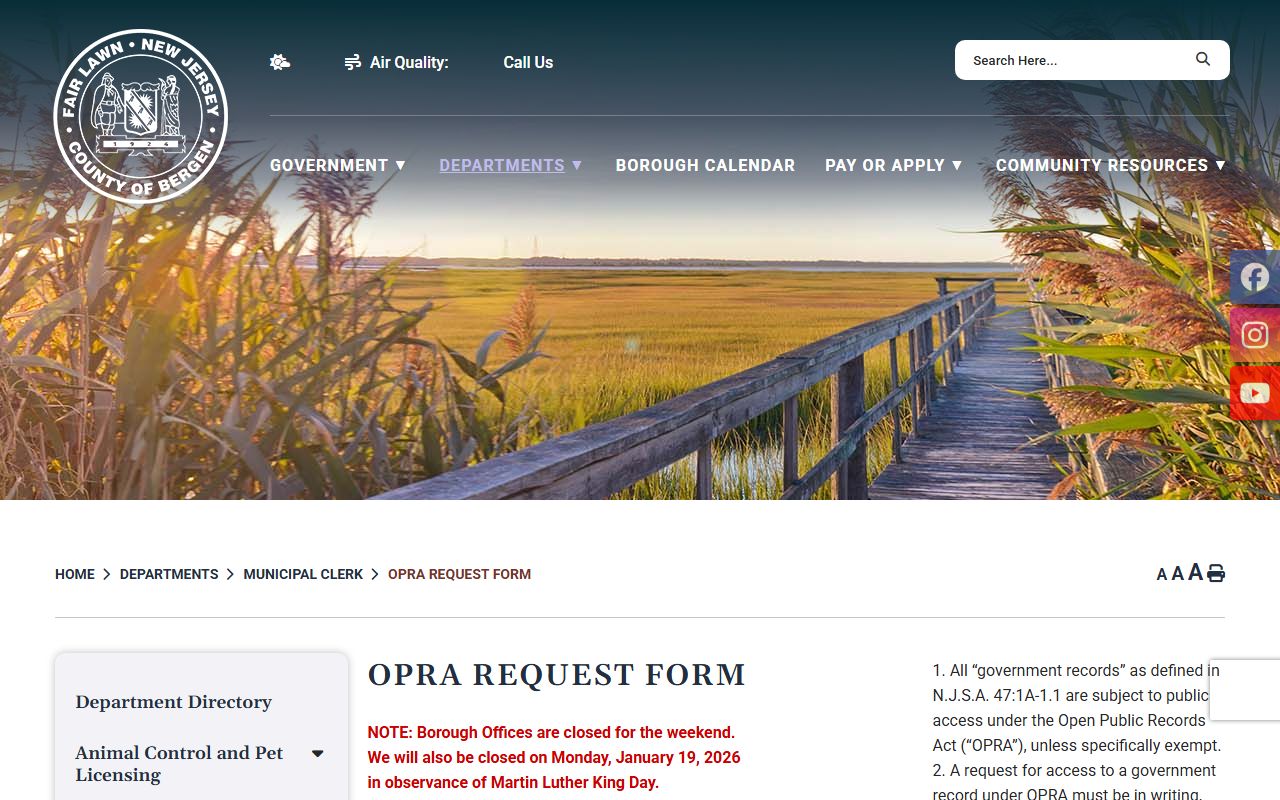 Fair Lawn Borough Clerk OPRA page for people search records