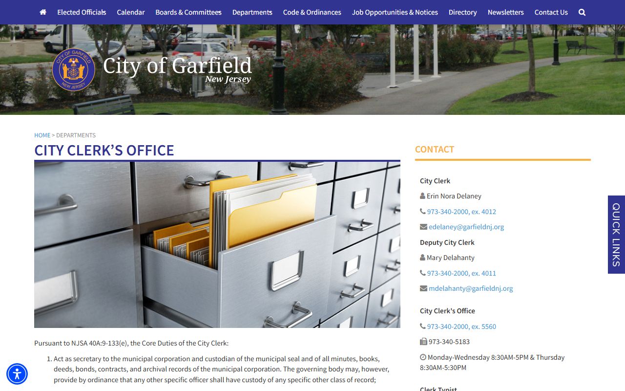 Garfield City Clerk office page for OPRA and people search records
