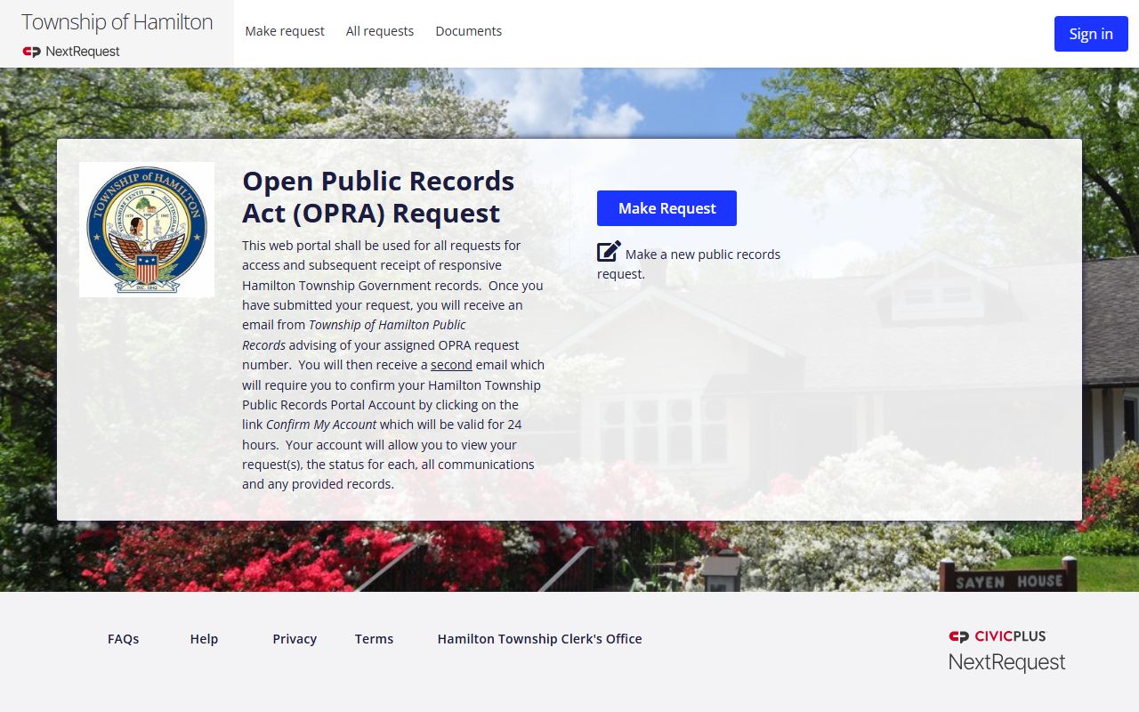 Hamilton Township OPRA portal for people search records requests
