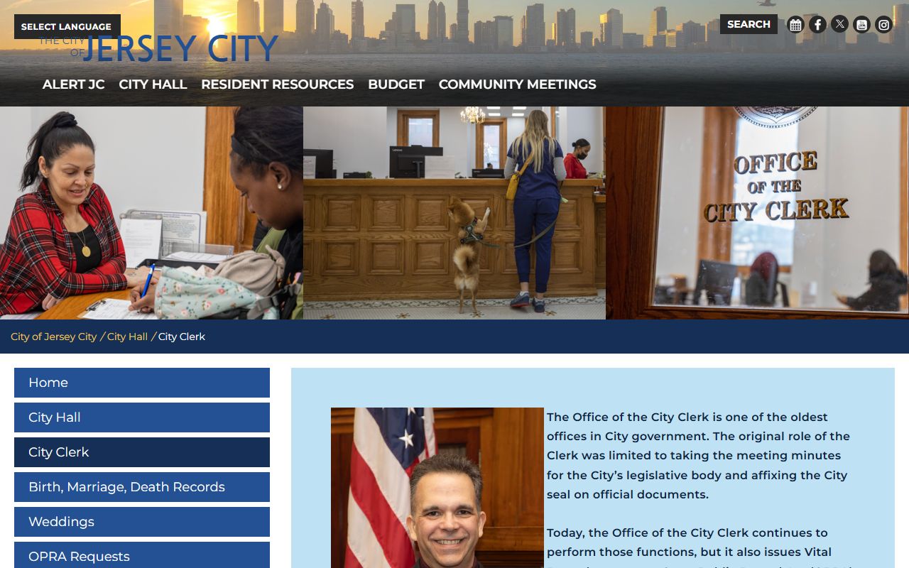 Jersey City Municipal Clerk office page for OPRA and people search records