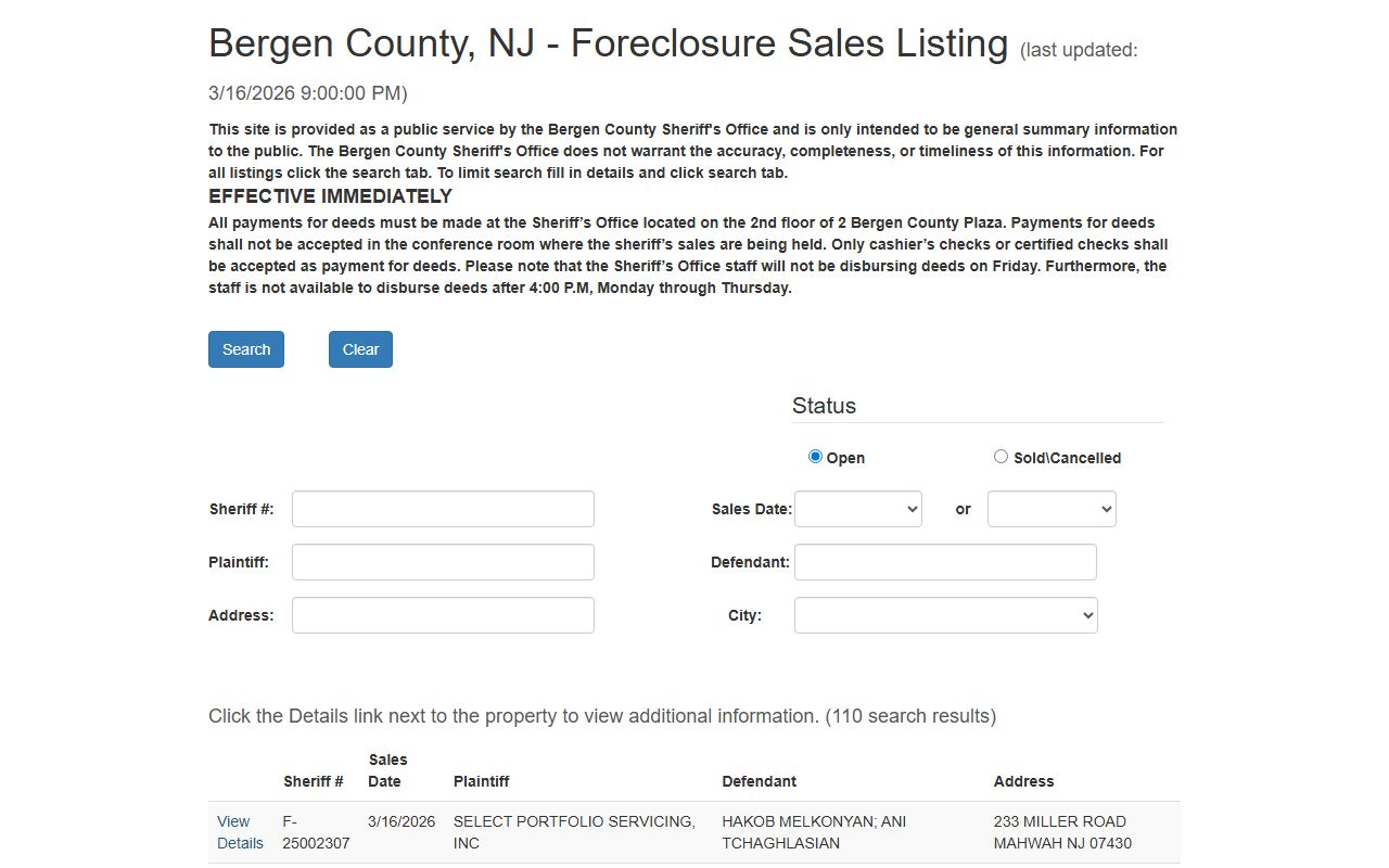 Bergen County sheriff foreclosure sales portal for people search records