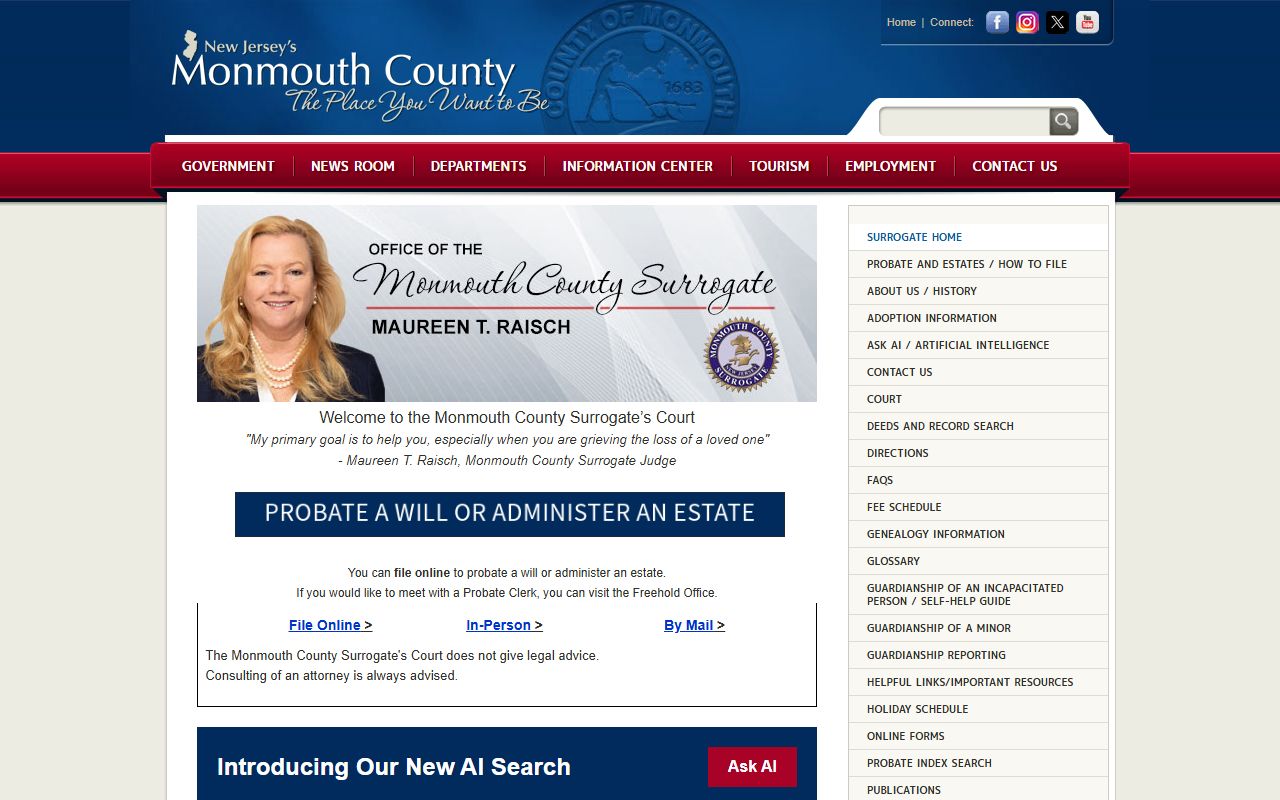 Monmouth County Surrogate probate records for people search